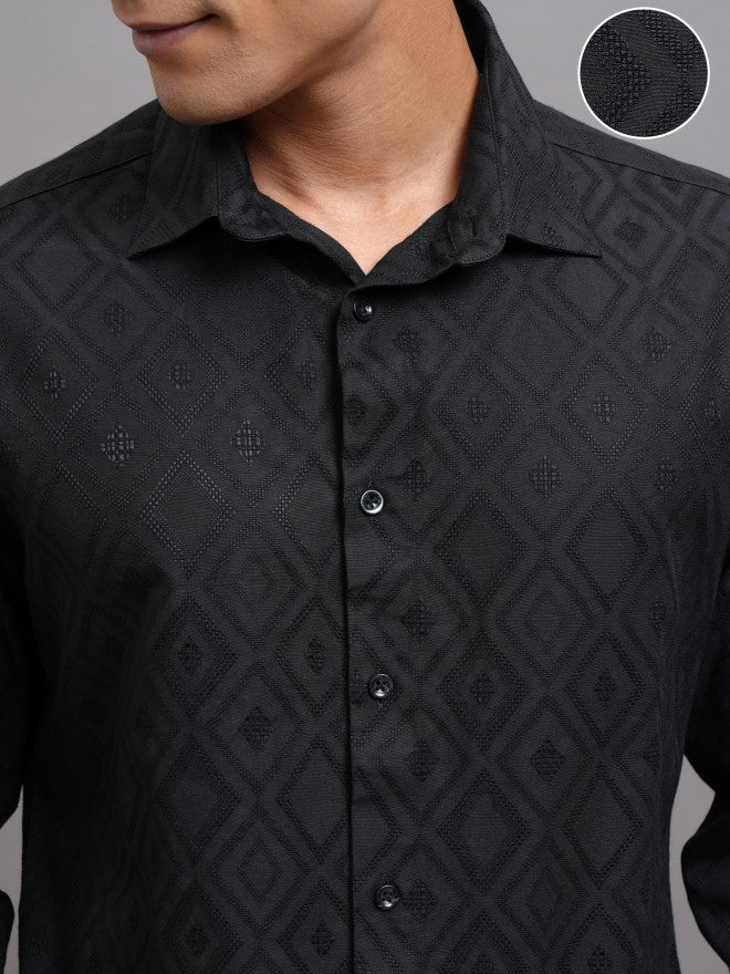 Locomotive Men Black Textured Slim Fit Casual Shirt - Black - Image 5