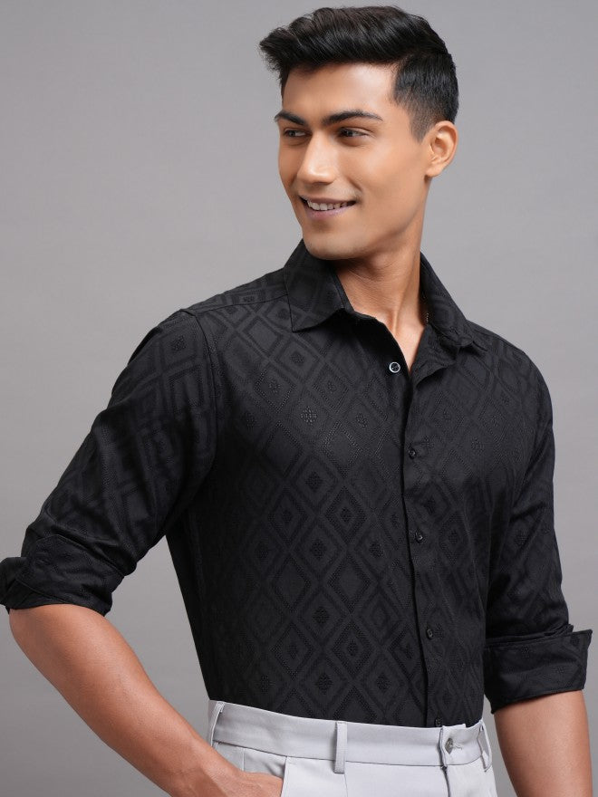 Locomotive Men Black Textured Slim Fit Casual Shirt - Black - Image 6