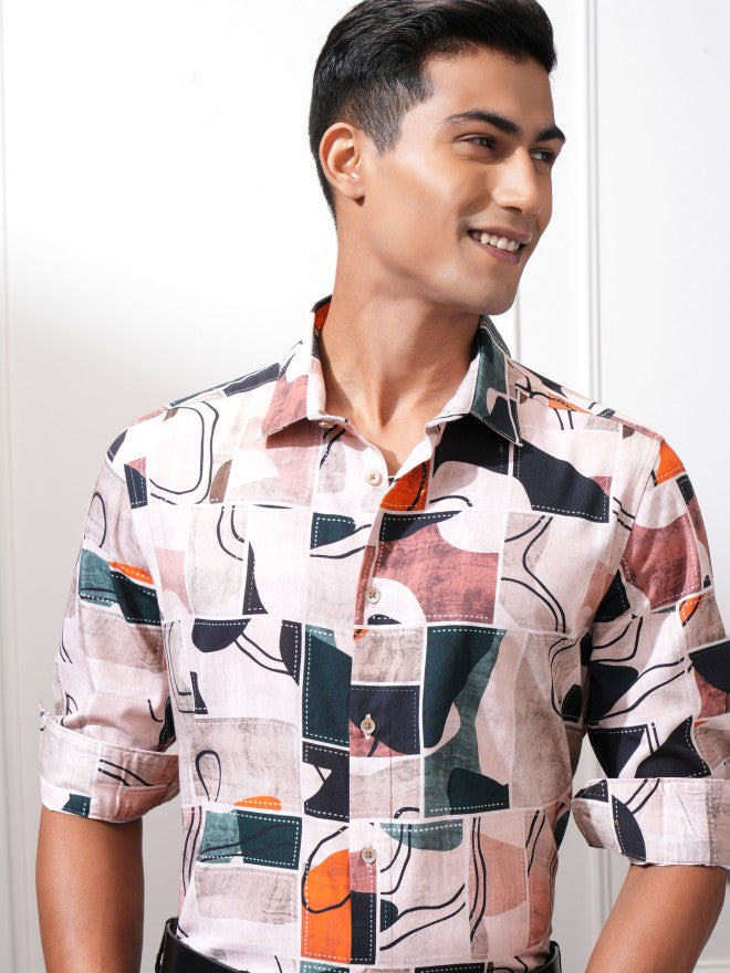 Locomotive Men Peach Printed Slim Fit Casual Shirt - Peach - Image 1