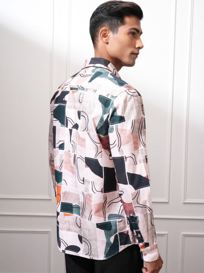 Locomotive Men Peach Printed Slim Fit Casual Shirt - Peach - Image 3