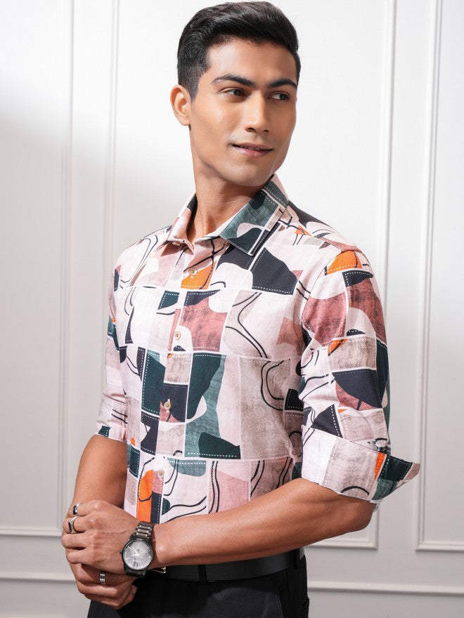 Locomotive Men Peach Printed Slim Fit Casual Shirt - Peach - Image 4