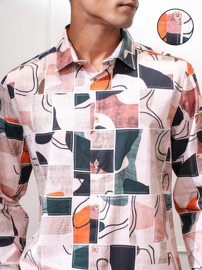 Locomotive Men Peach Printed Slim Fit Casual Shirt - Peach - Image 5