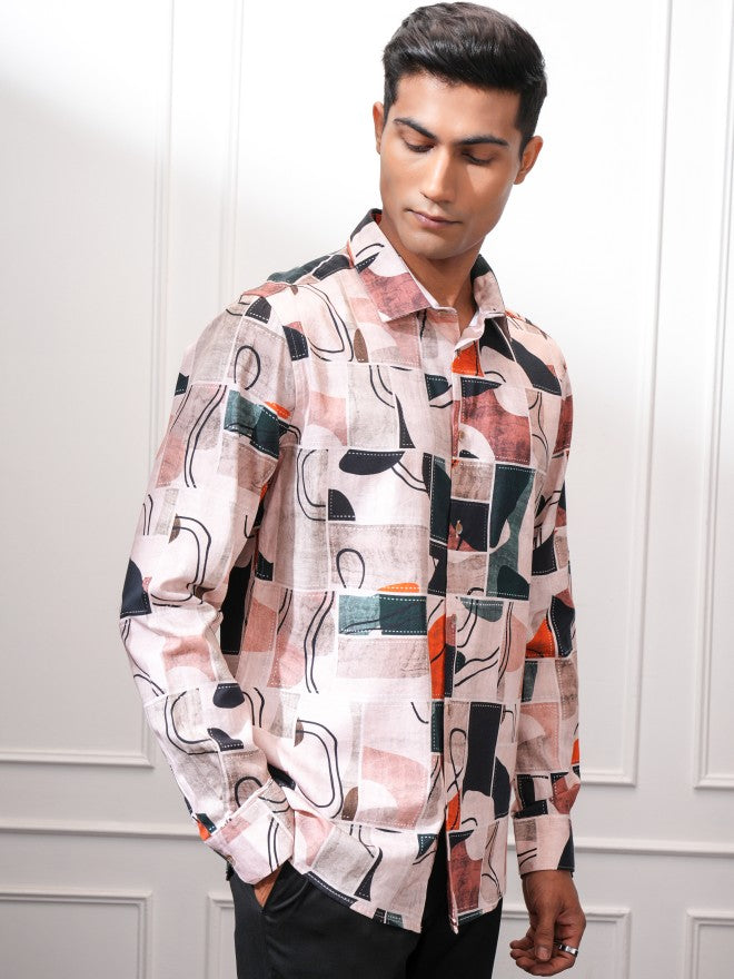 Locomotive Men Peach Printed Slim Fit Casual Shirt - Peach - Image 6