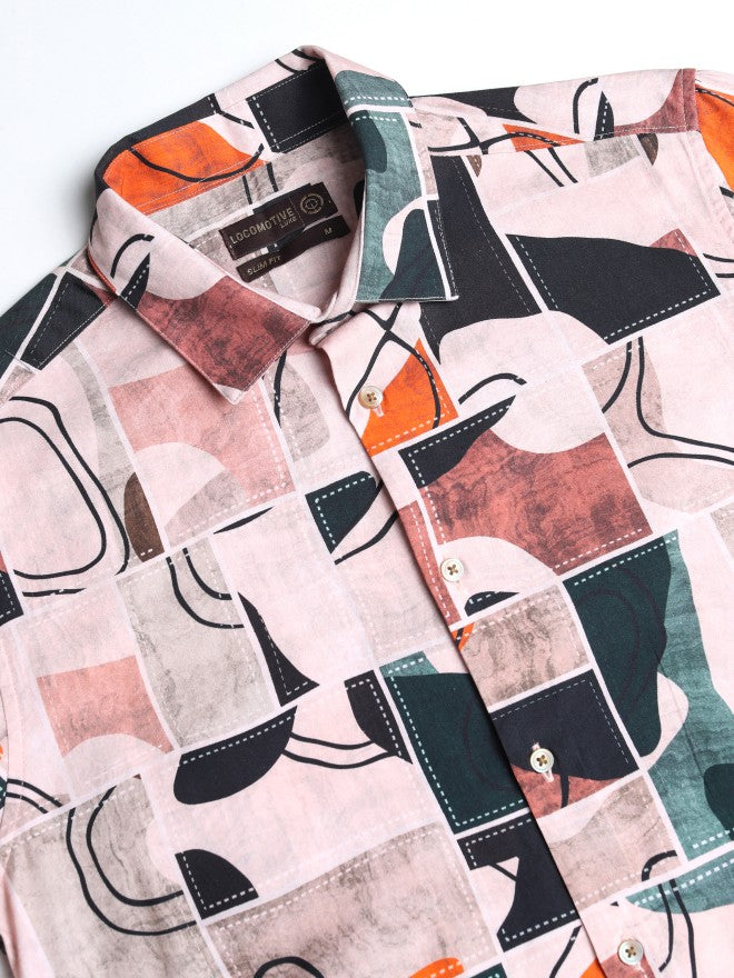 Locomotive Men Peach Printed Slim Fit Casual Shirt - Peach - Image 7
