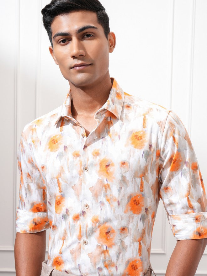 Locomotive Men Orange Printed Slim Fit Casual Shirt - Orange - Image 1