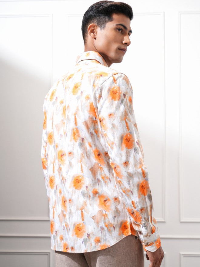 Locomotive Men Orange Printed Slim Fit Casual Shirt - Orange - Image 3