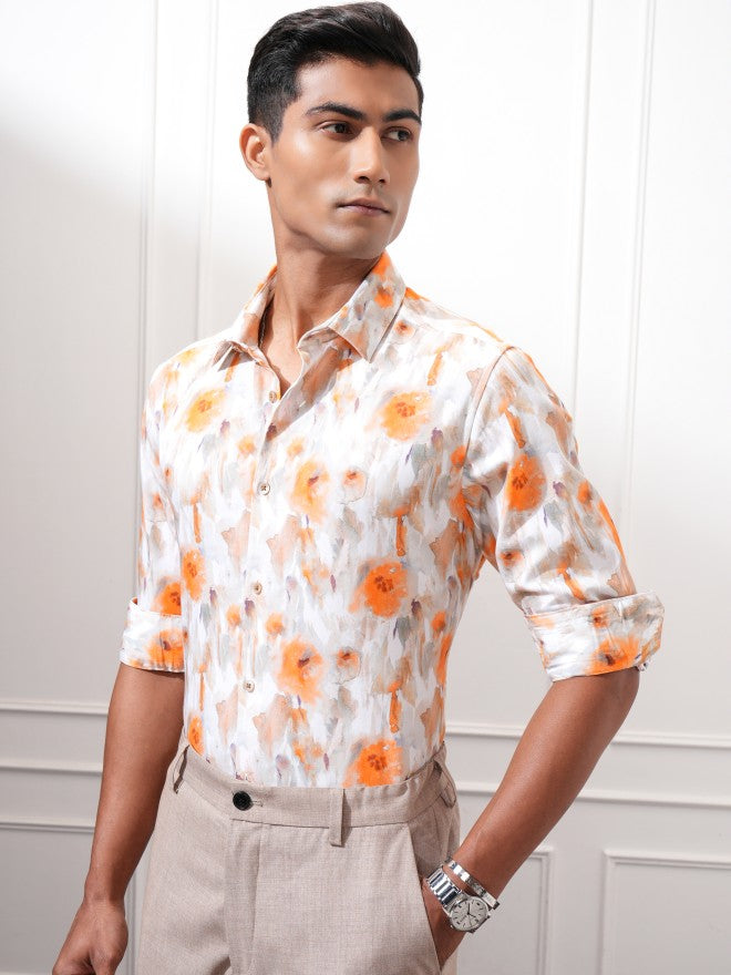 Locomotive Men Orange Printed Slim Fit Casual Shirt - Orange - Image 4
