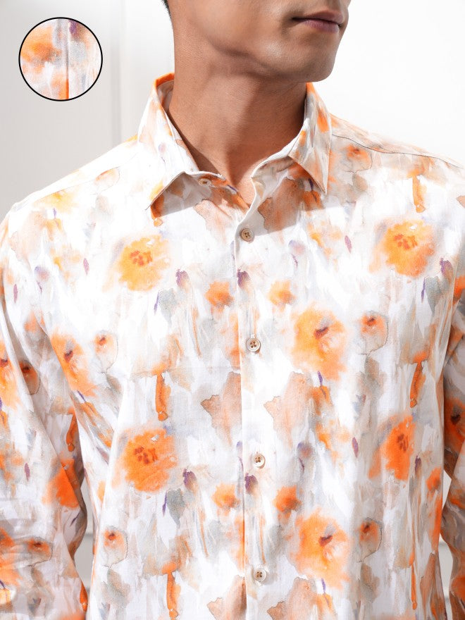 Locomotive Men Orange Printed Slim Fit Casual Shirt - Orange - Image 5