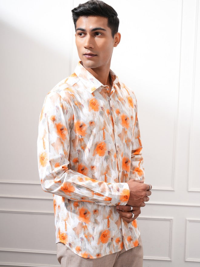 Locomotive Men Orange Printed Slim Fit Casual Shirt - Orange - Image 6