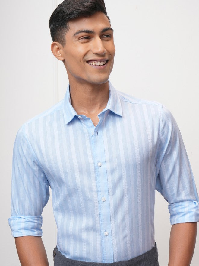 Locomotive Men Blue Striped Slim Fit Casual Shirt - Blue - Image 1