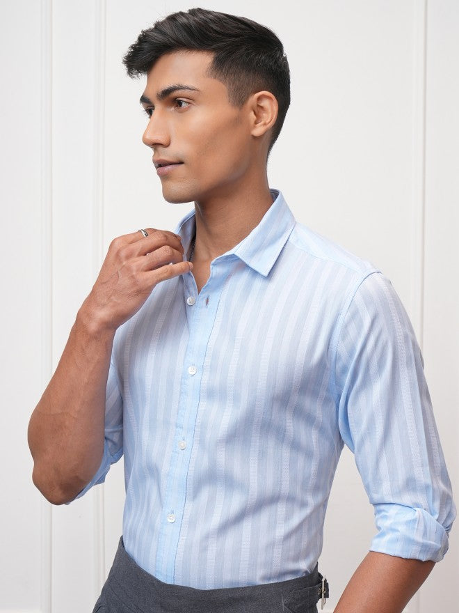 Locomotive Men Blue Striped Slim Fit Casual Shirt - Blue - Image 4