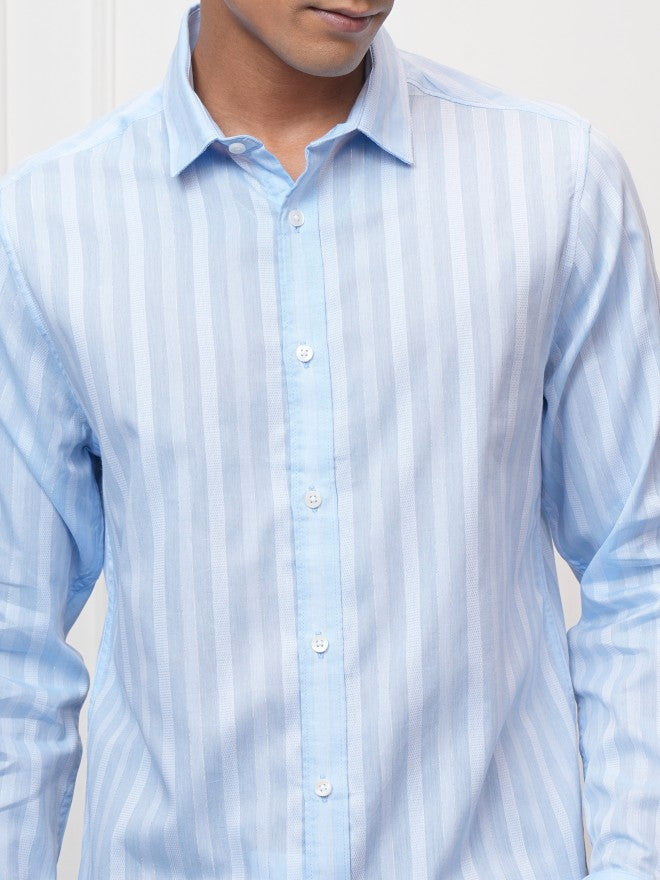 Locomotive Men Blue Striped Slim Fit Casual Shirt - Blue - Image 5