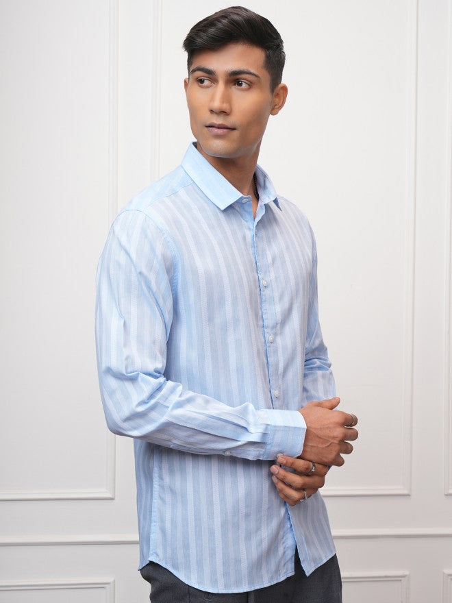 Locomotive Men Blue Striped Slim Fit Casual Shirt - Blue - Image 6