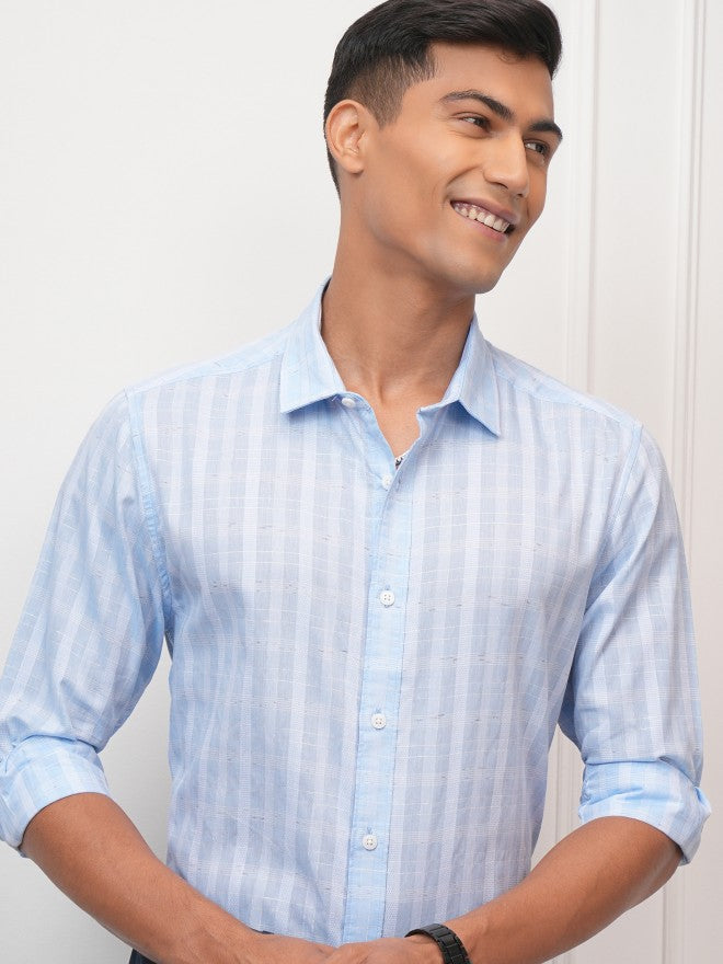 Locomotive Men Blue Checked Slim Fit Casual Shirt - Blue - Image 1
