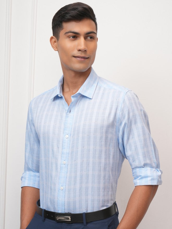Locomotive Men Blue Checked Slim Fit Casual Shirt - Blue - Image 4