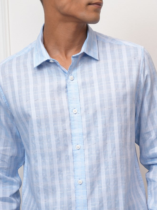 Locomotive Men Blue Checked Slim Fit Casual Shirt - Blue - Image 5
