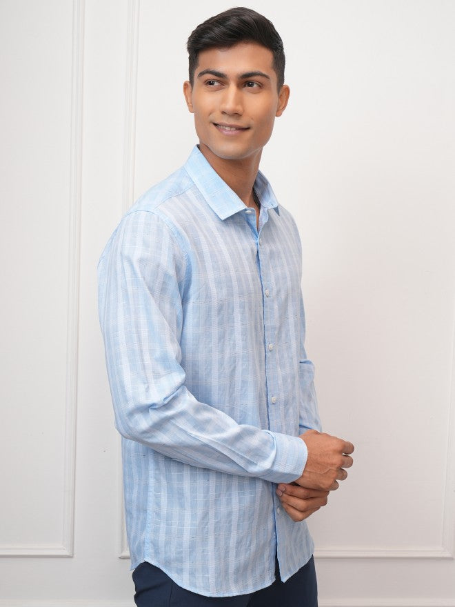 Locomotive Men Blue Checked Slim Fit Casual Shirt - Blue - Image 6