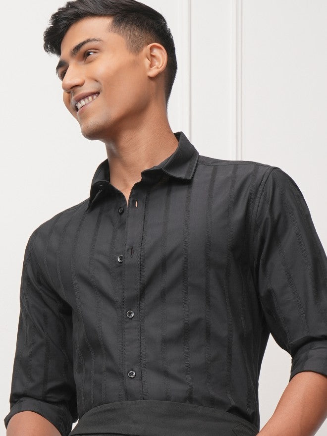 Locomotive Men Black Striped Slim Fit Casual Shirt - Black - Image 1