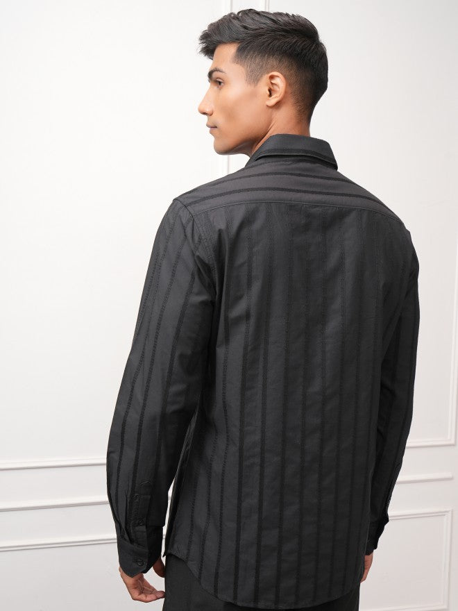 Locomotive Men Black Striped Slim Fit Casual Shirt - Black - Image 3