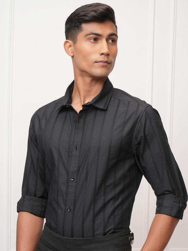 Locomotive Men Black Striped Slim Fit Casual Shirt - Black - Image 4