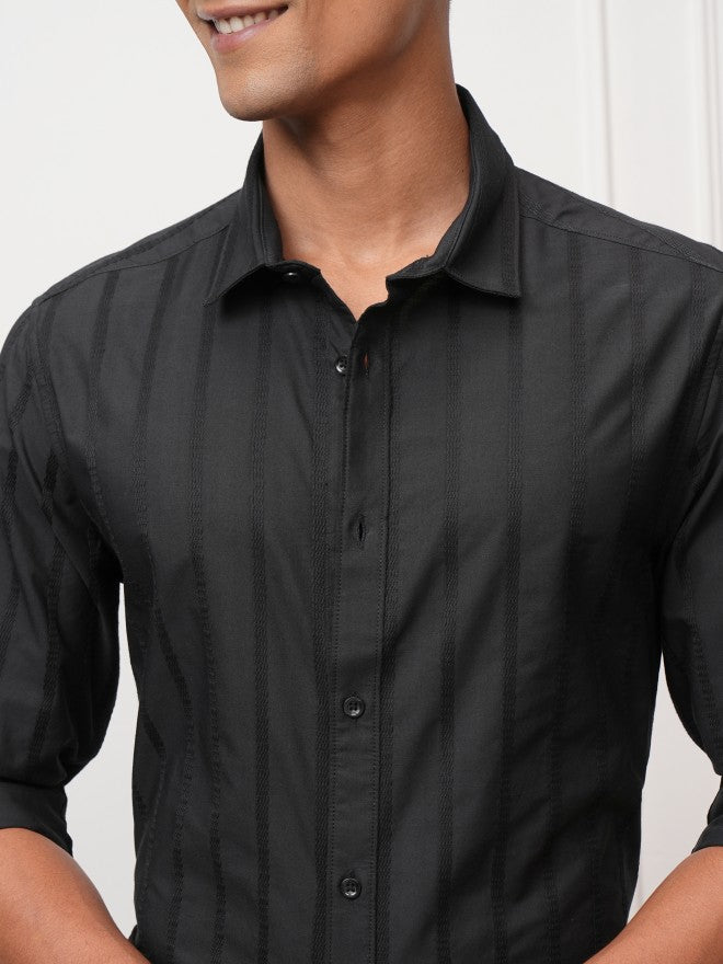Locomotive Men Black Striped Slim Fit Casual Shirt - Black - Image 5