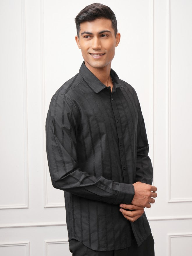 Locomotive Men Black Striped Slim Fit Casual Shirt - Black - Image 6