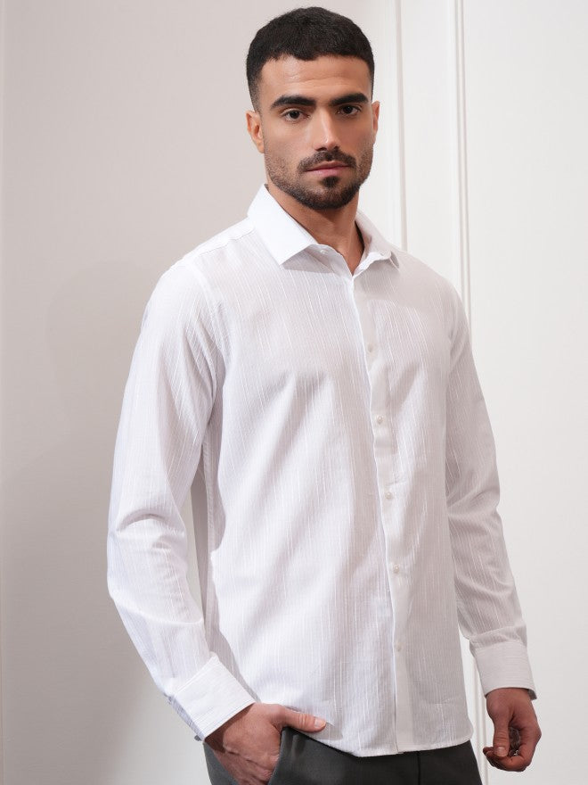 Locomotive Men White Textured Slim Fit Casual Shirt - White - Image 6