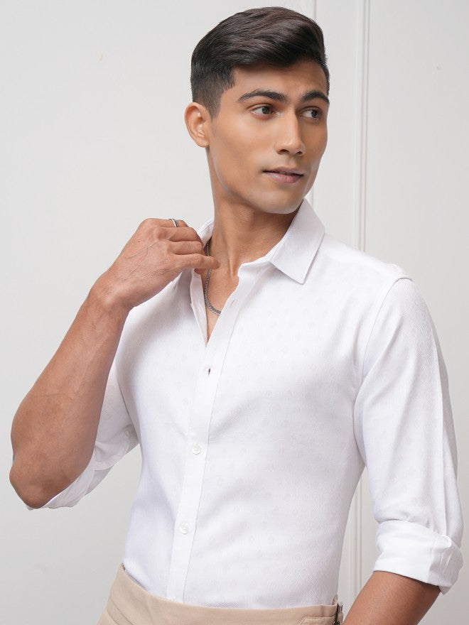 Locomotive Men White Textured Slim Fit Casual Shirt - White - Image 4