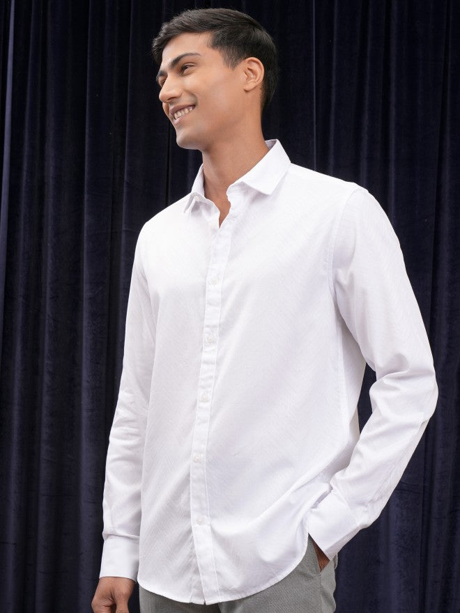 Locomotive Men White Textured Slim Fit Casual Shirt - White - Image 4