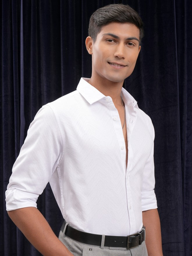 Locomotive Men White Textured Slim Fit Casual Shirt - White - Image 6