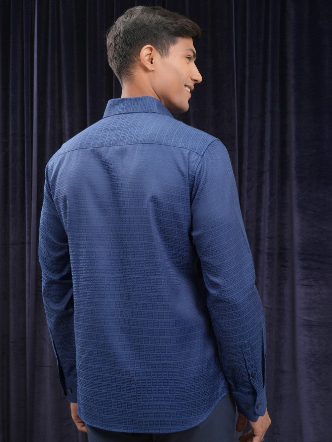 Locomotive Men Blue Self Design Slim Fit Casual Shirt - Blue - Image 3