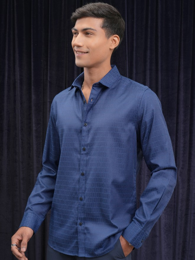 Locomotive Men Blue Self Design Slim Fit Casual Shirt - Blue - Image 4