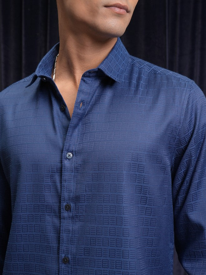 Locomotive Men Blue Self Design Slim Fit Casual Shirt - Blue - Image 5