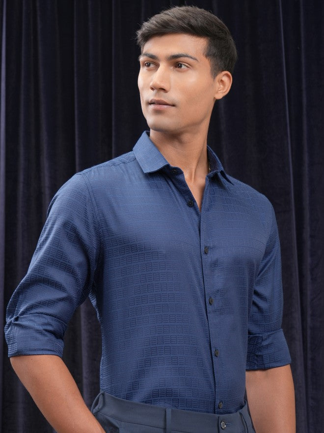 Locomotive Men Blue Self Design Slim Fit Casual Shirt - Blue - Image 6