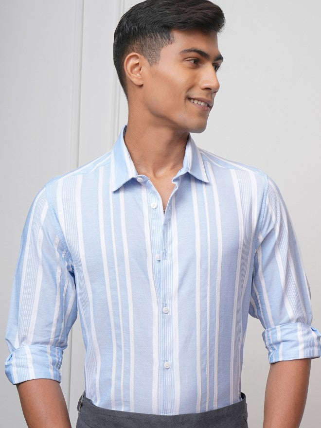 Locomotive Men Blue Striped Slim Fit Casual Shirt - Blue - Image 1