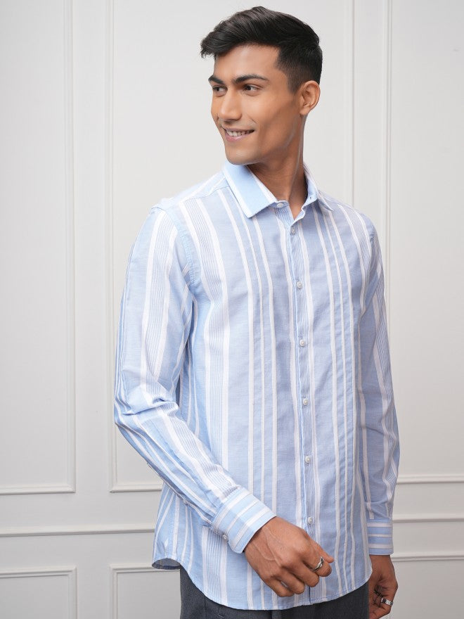 Locomotive Men Blue Striped Slim Fit Casual Shirt - Blue - Image 6