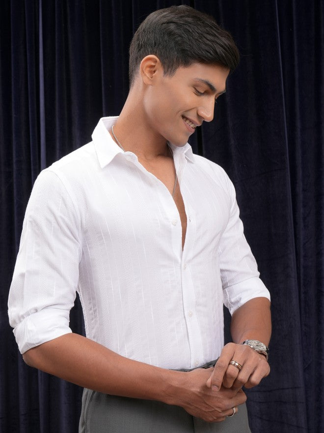 Locomotive Men White Striped Slim Fit Casual Shirt - White - Image 6