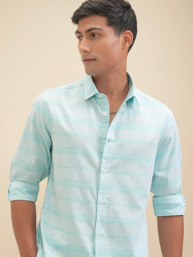 Locomotive Men Blue Striped Slim Fit Casual Shirt - Blue - Image 1