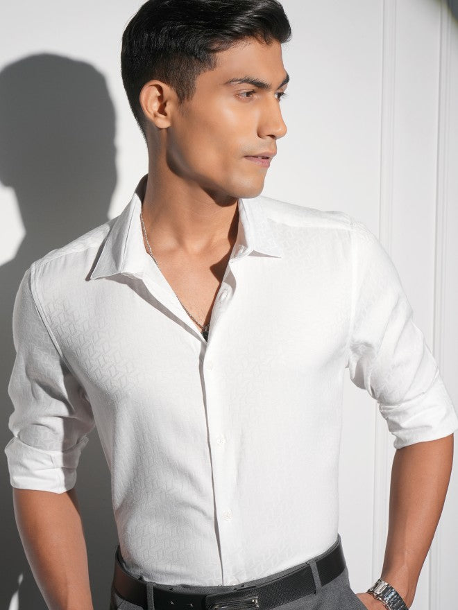 Locomotive Men White Self Design Slim Fit Casual Shirt - White - Image 1