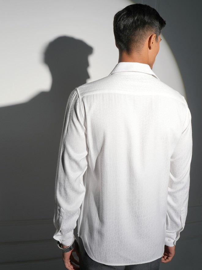 Locomotive Men White Self Design Slim Fit Casual Shirt - White - Image 3
