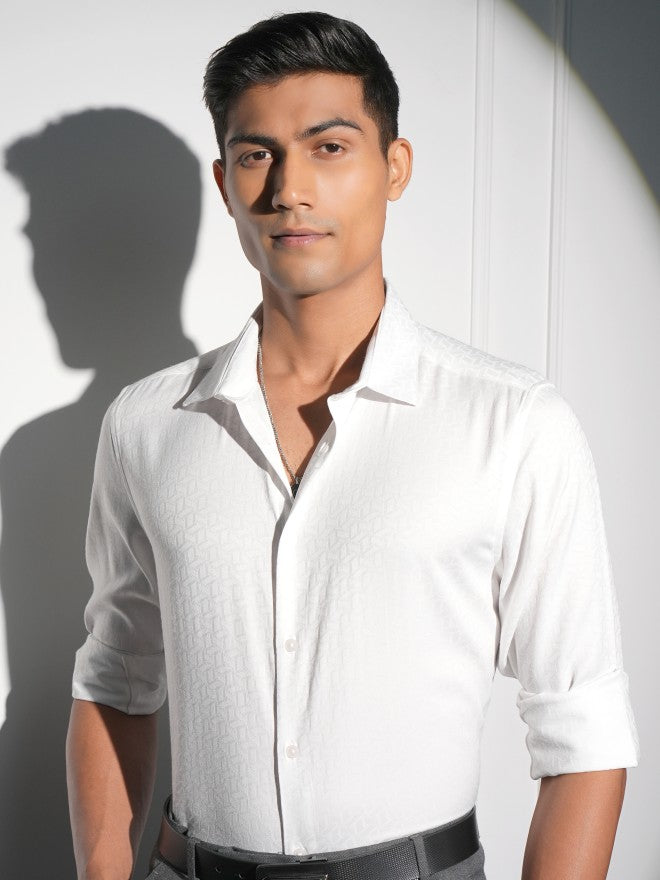 Locomotive Men White Self Design Slim Fit Casual Shirt - White - Image 4