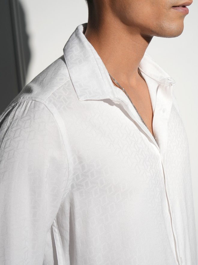 Locomotive Men White Self Design Slim Fit Casual Shirt - White - Image 5