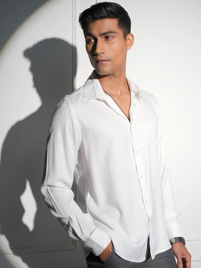 Locomotive Men White Self Design Slim Fit Casual Shirt - White - Image 6