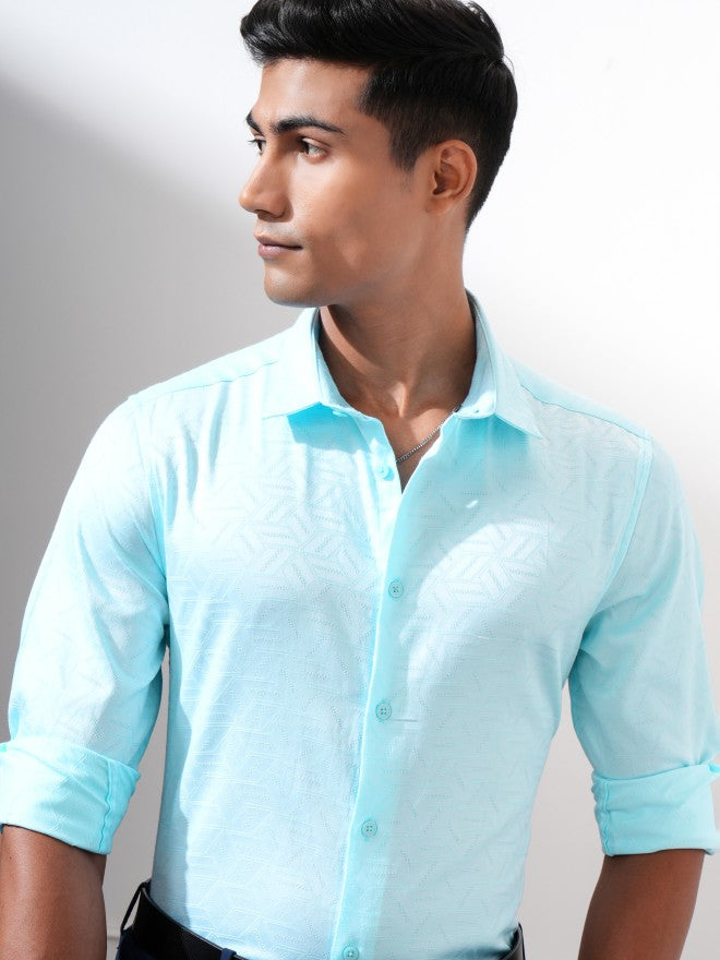 Locomotive Men Blue Textured Slim Fit Casual Shirt - Blue - Image 1
