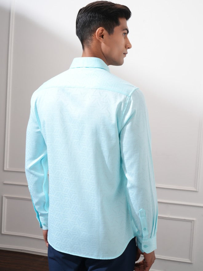 Locomotive Men Blue Textured Slim Fit Casual Shirt - Blue - Image 3