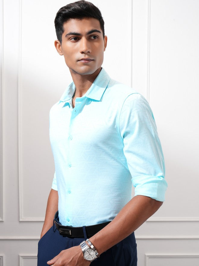 Locomotive Men Blue Textured Slim Fit Casual Shirt - Blue - Image 4