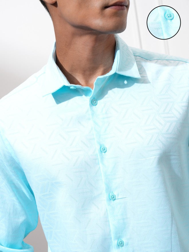 Locomotive Men Blue Textured Slim Fit Casual Shirt - Blue - Image 5