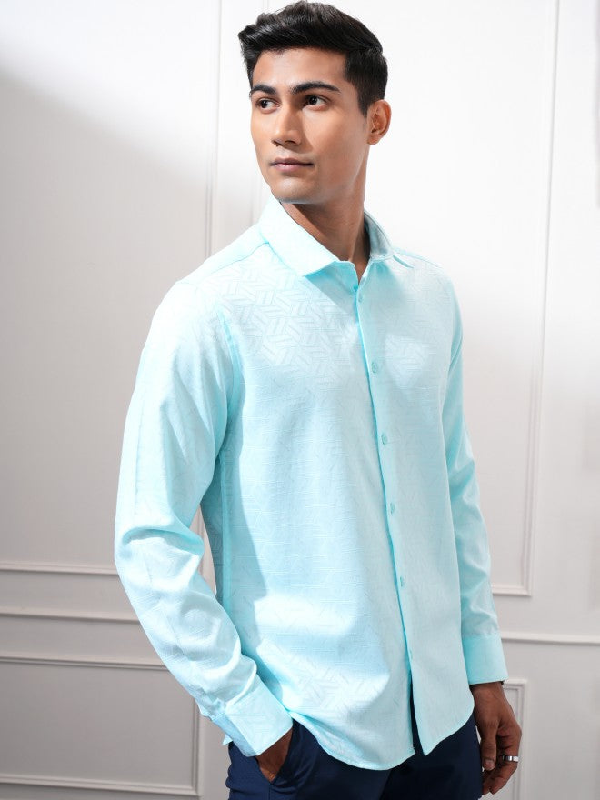 Locomotive Men Blue Textured Slim Fit Casual Shirt - Blue - Image 6