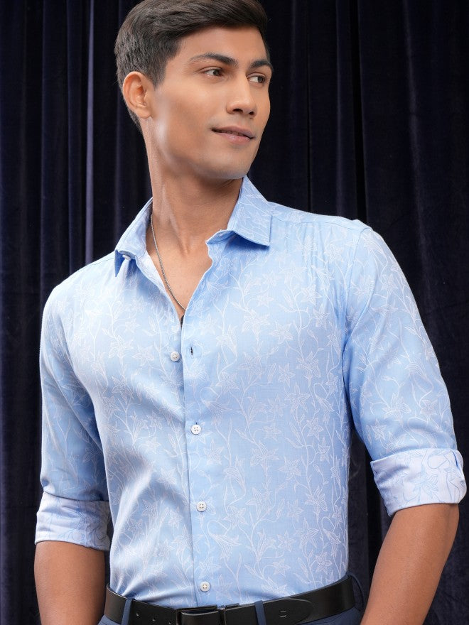 Locomotive Men Blue Printed Slim Fit Casual Shirt - Blue - Image 1
