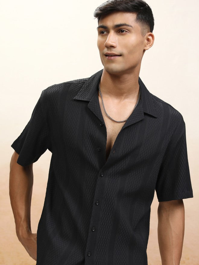 Locomotive Men Black Textured Relaxed Fit Casual Shirt - Black - Image 1
